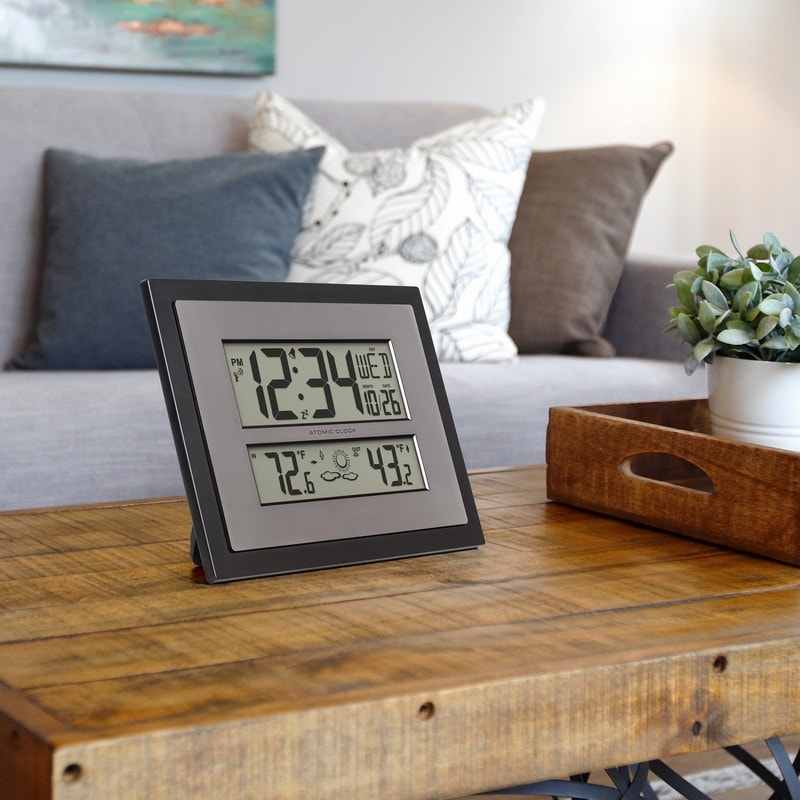 Atomic Digital Clock with Temp & Forecast in Black/Silver, 512-65937