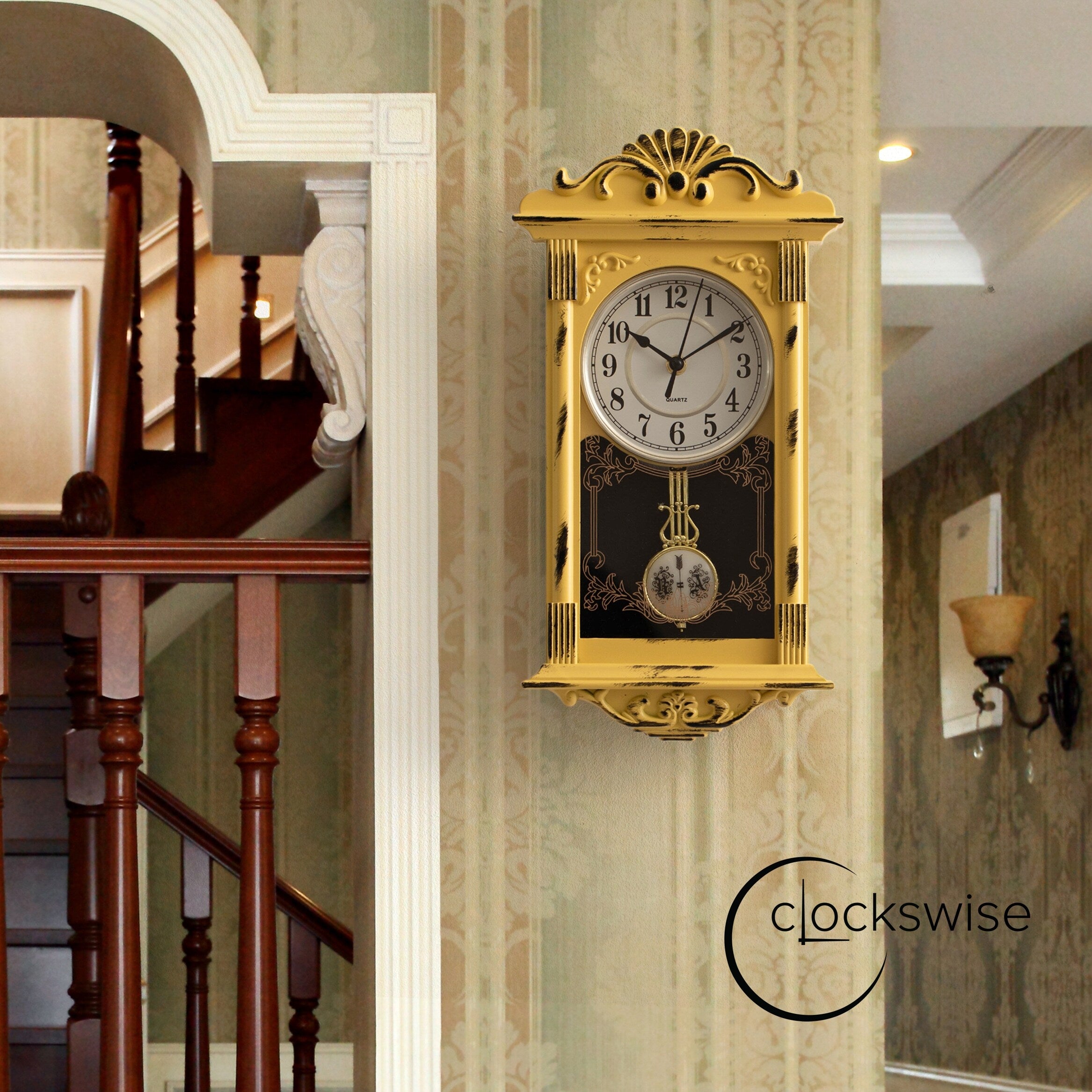 Clockswise Vintage Grandfather Wood-Looking Plastic Pendulum Decorative Battery-Operated Wall Clock Brown, for Home Decor