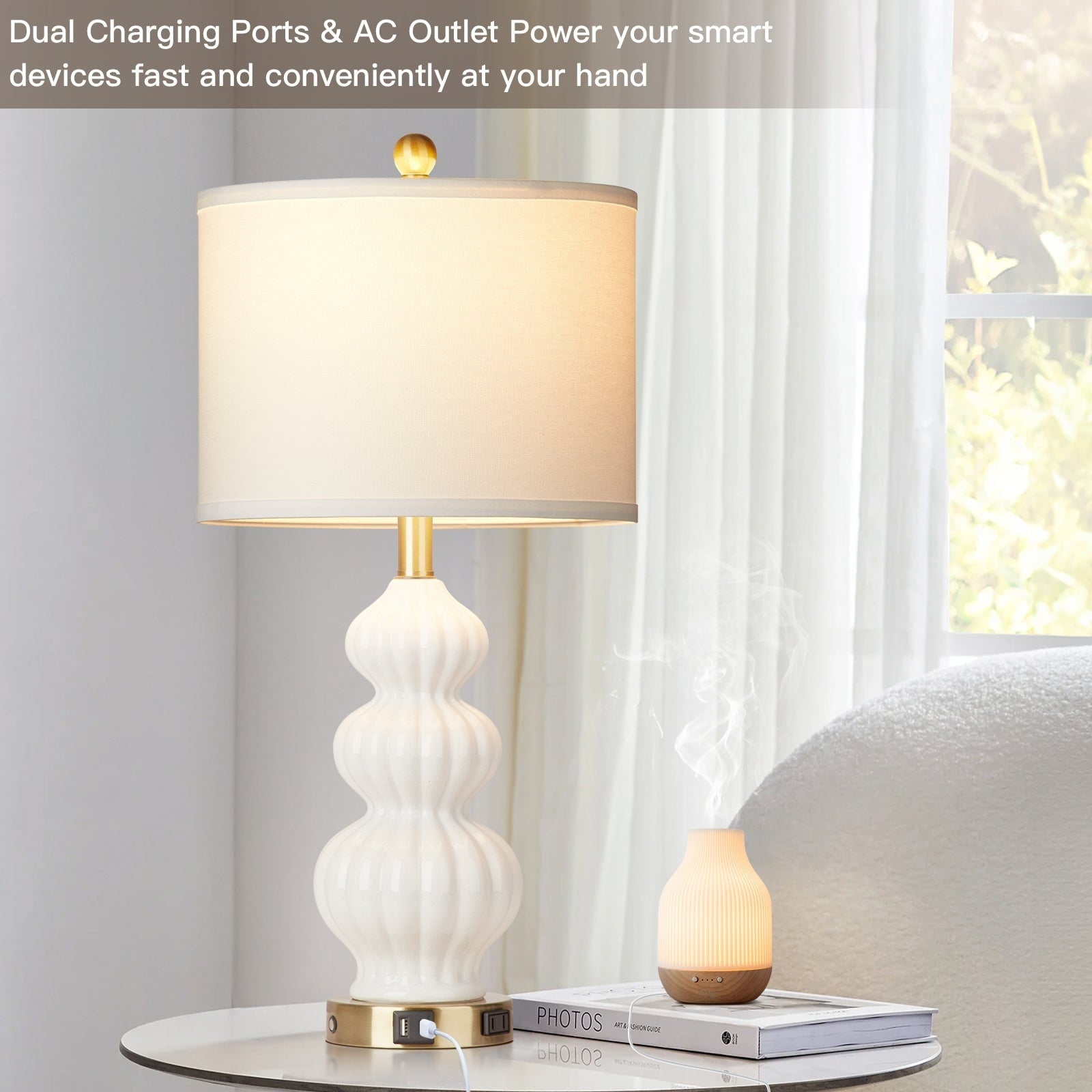 Table Lamp White Ceramic Cucurbit Style 3-Way Touch Dimming Switch USB Type C Charging Ports AC Outlet(Set of 2)