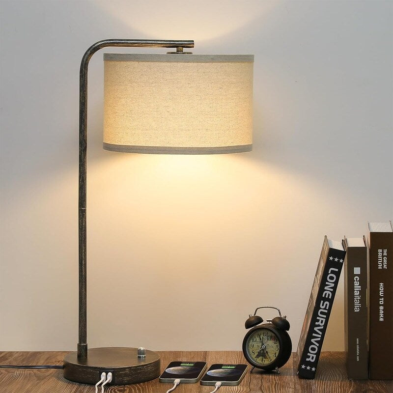 Dual USB port side table lamp, dimmable bedside lamp, desktop reading light - 13.98D x 13.98W x 25H