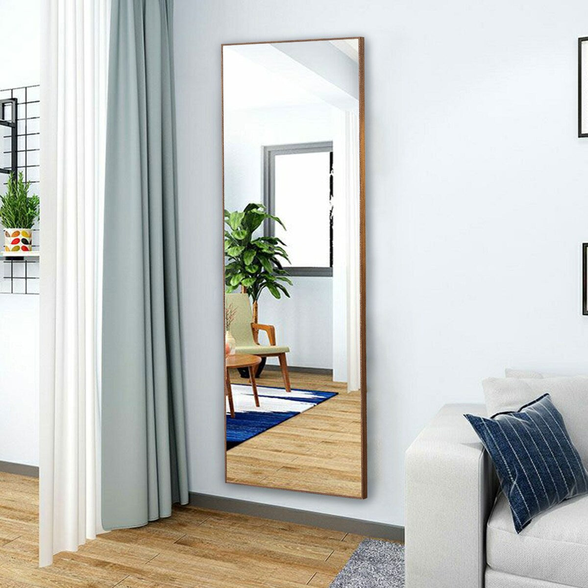 Solid wood frame full-length mirror, floor mounted/wall mounted