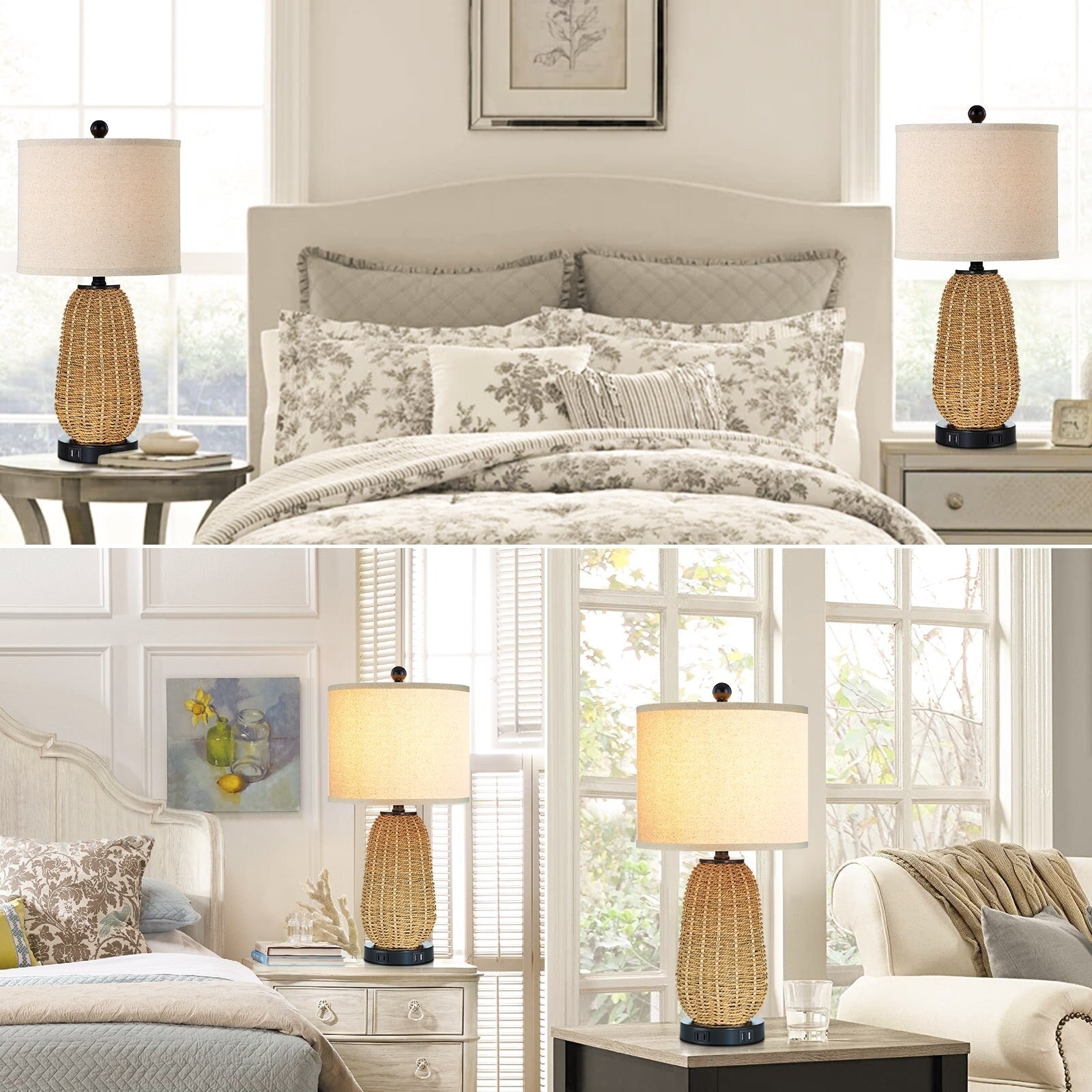 Table Lamp Brown Natural Straw Touch 3-Way Dimming(Set of 2) - 11'' x 11'' x 22.8'' (L x W x H)