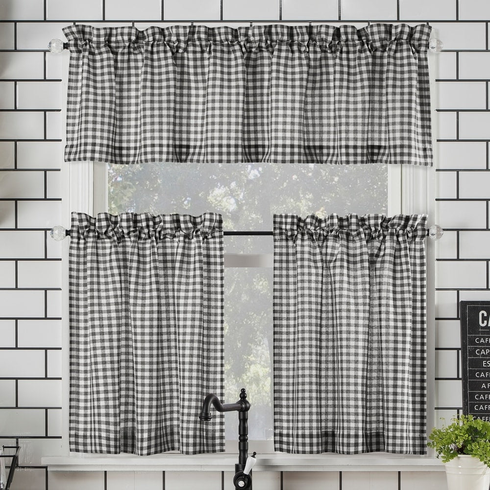 No. 918 Parkham Farmhouse Plaid Semi-Sheer Rod Pocket Kitchen Curtain Valance and Tiers Set