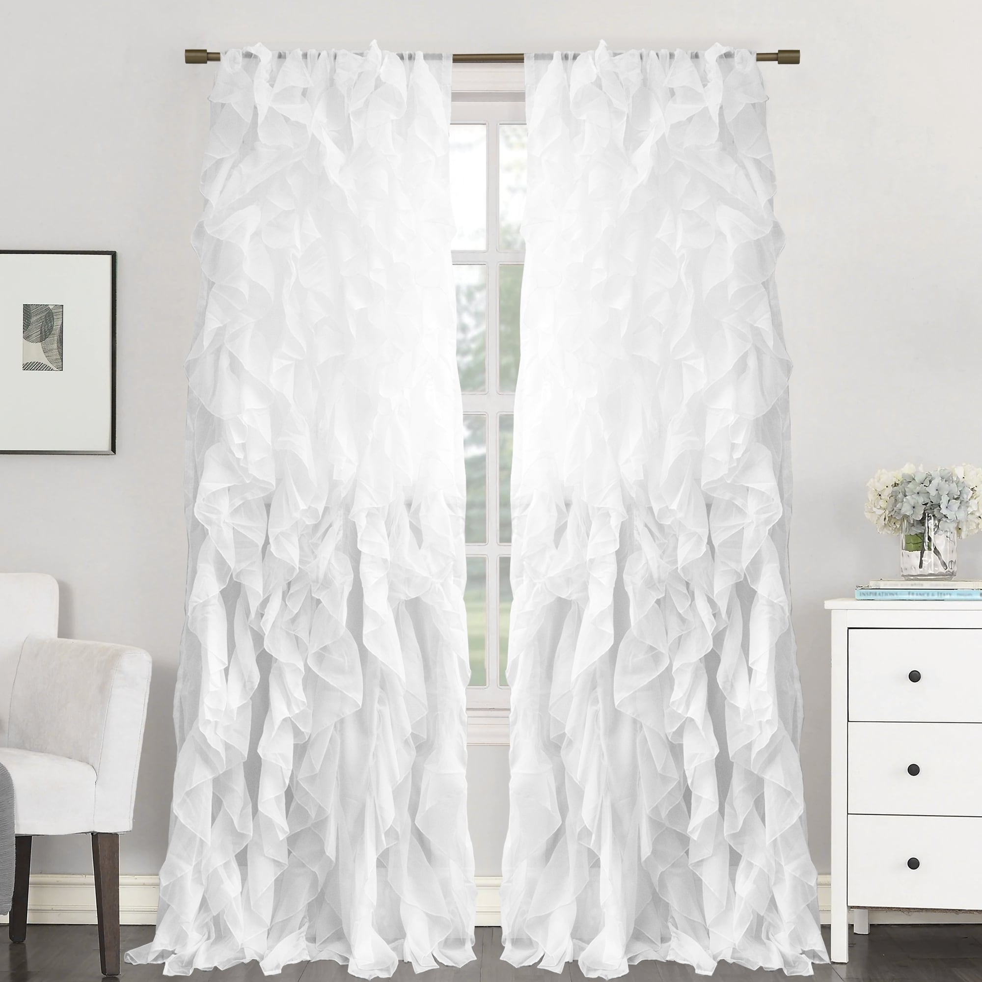 Sweet Home Collection Sheer Voile Waterfall Ruffled Tier 108 Inch Single Curtain Panel - 108 long x 50 wide