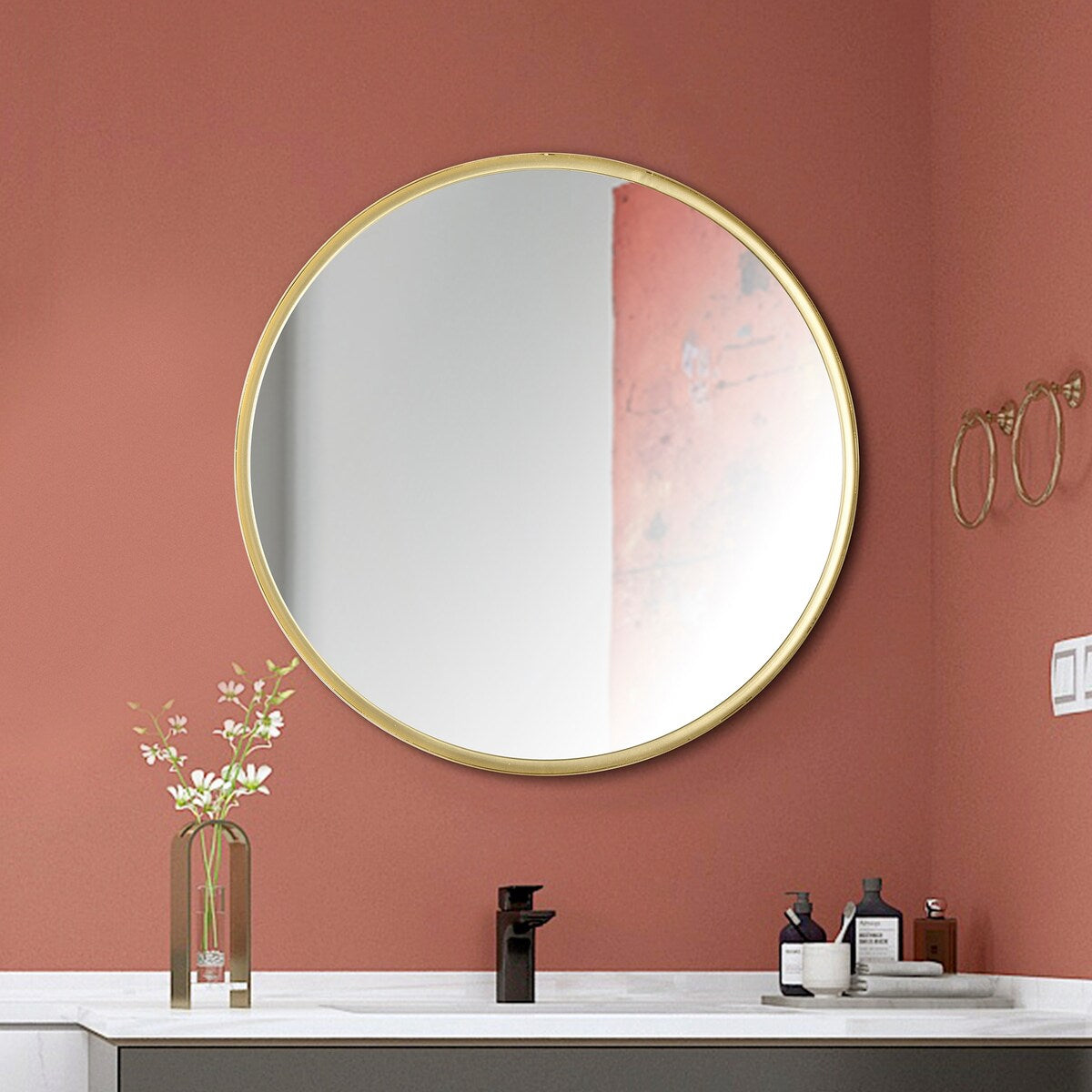 Gold 24 in. W x 24 in. H Round Iron Framed Modern Accent Mirror - 24 in. W x 24 in. H x 1.5 in. D