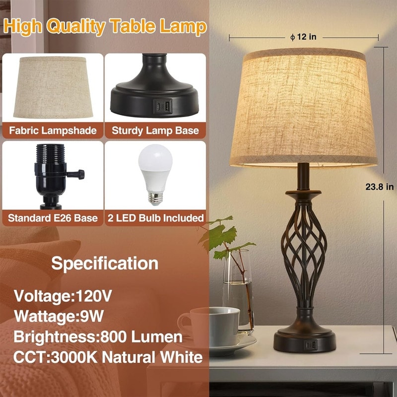 Modern Bedside Lamp Bedroom Table Lamp (Set of 2) - 12D x 12W x 23.8H