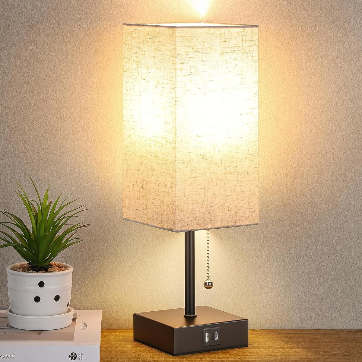 The Bedside Table Lamp, Pull Chain Table Lamp with USB C+A Charging Ports, 2700K LED Bulb, Fabric Linen Lampshade