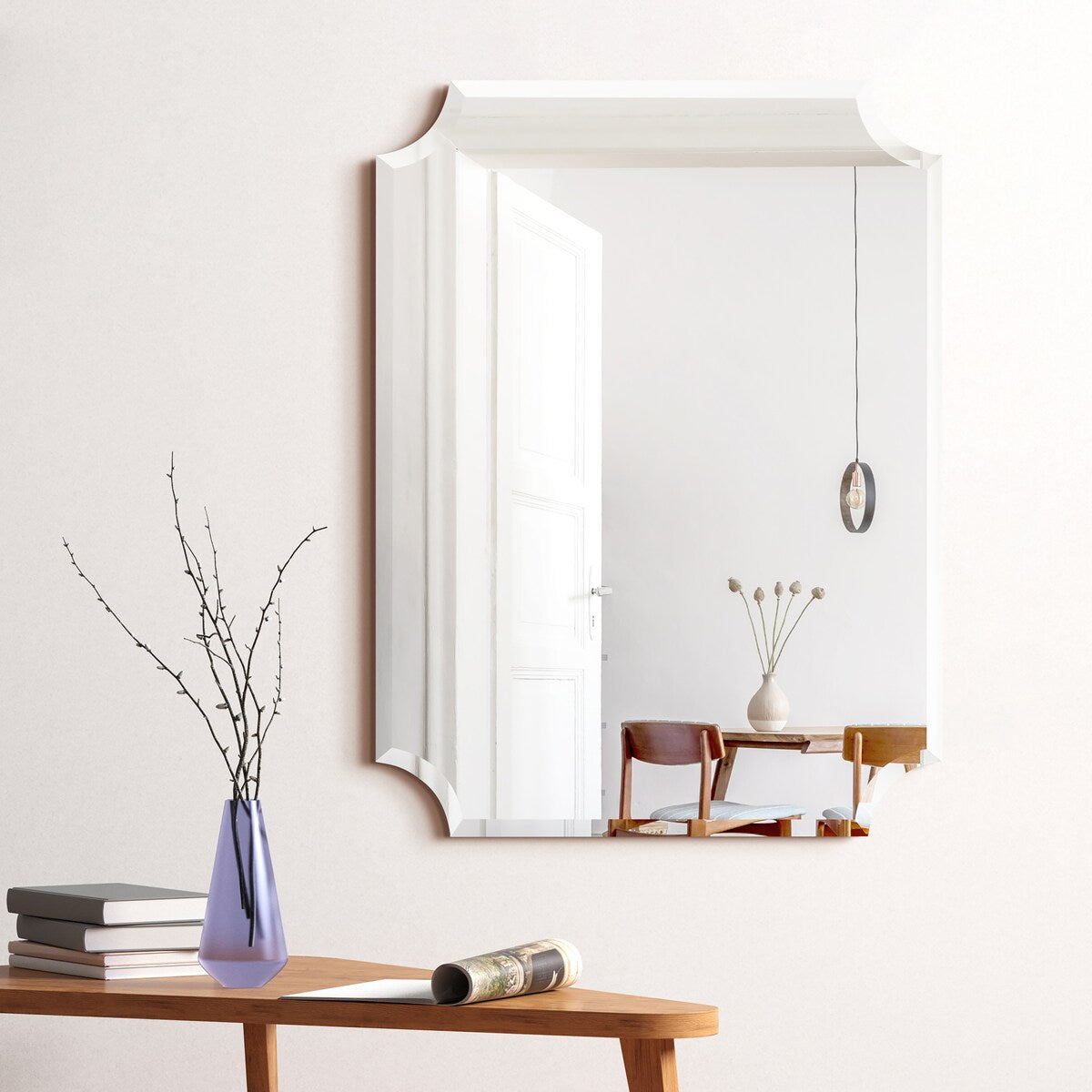 Frameless Rectangle Scalloped Beveled Wall Mirror - Clear