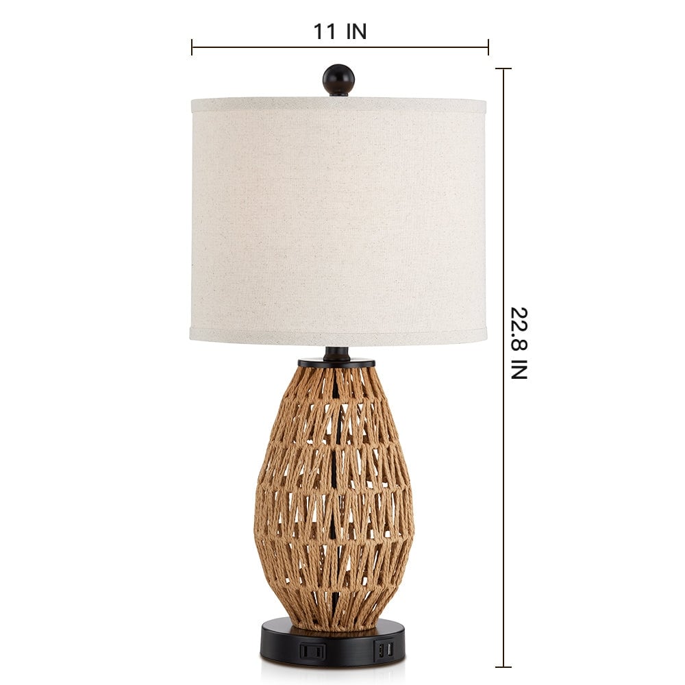 Brown Rattan Woven Table Lamp with 3-way Touch Dimming Switch USB Charging Ports and AC Outlet