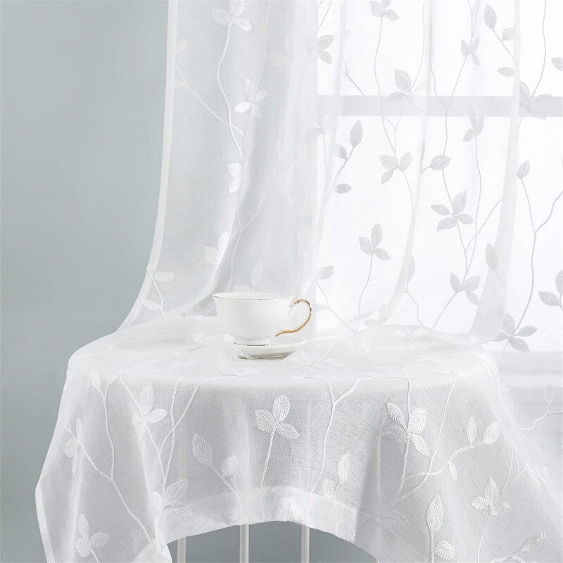 2 Panels Embroidered Leaf Pattern Curtains