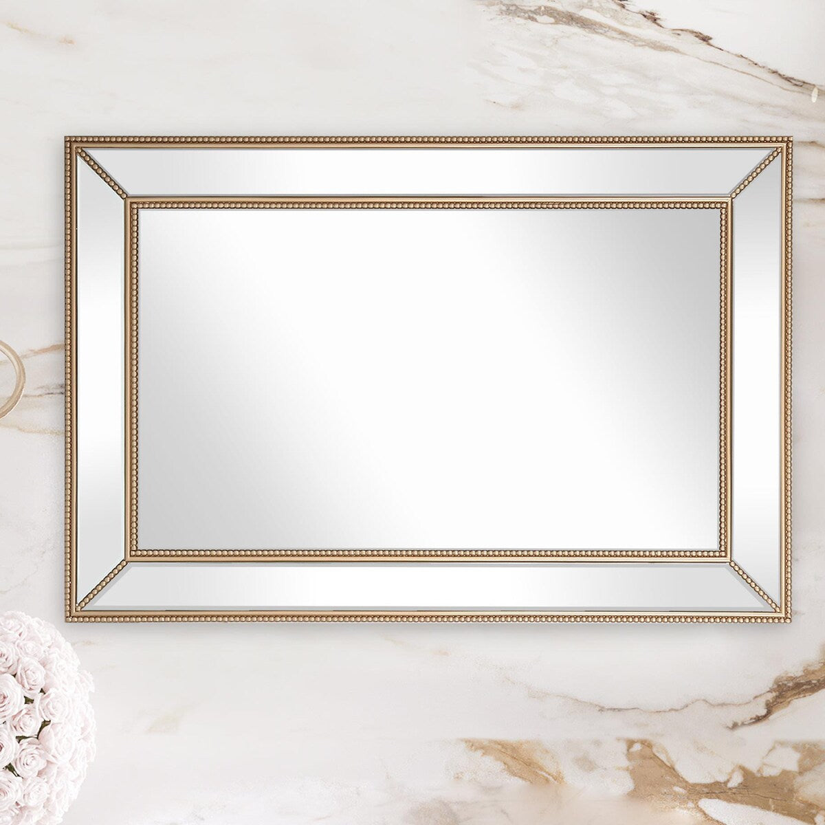 Luxury Large Mirror Bathroom Vanity Wall - Rectangle Beaded Antique Gold Accent Bedroom Living / Dining Room