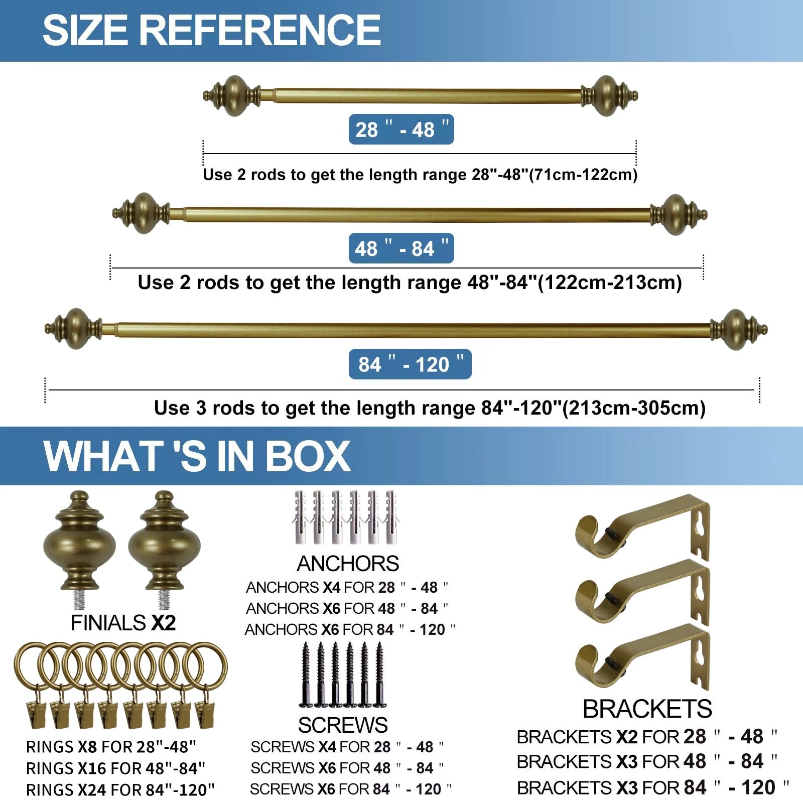 Modern Window Drapery Curtain Rod Set with 8 to 24 Rings