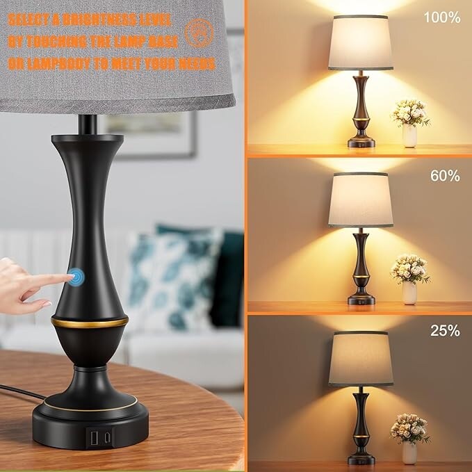 Touch Lamps Set of 2 - Nightstand Table Lamp with USB C+A, 3 Way Dimmable