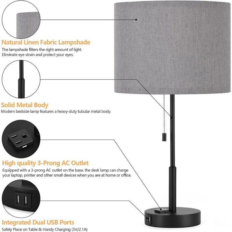 21.7 Table Lamp (Set of 2) with USB Charging Port, Nightstand Lights - 11D x 11W x 21.7H