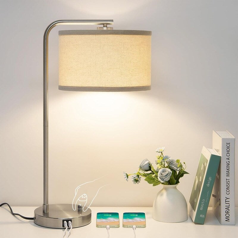 Dual USB port side table lamp, dimmable bedside lamp, desktop reading light - 13.98D x 13.98W x 25H