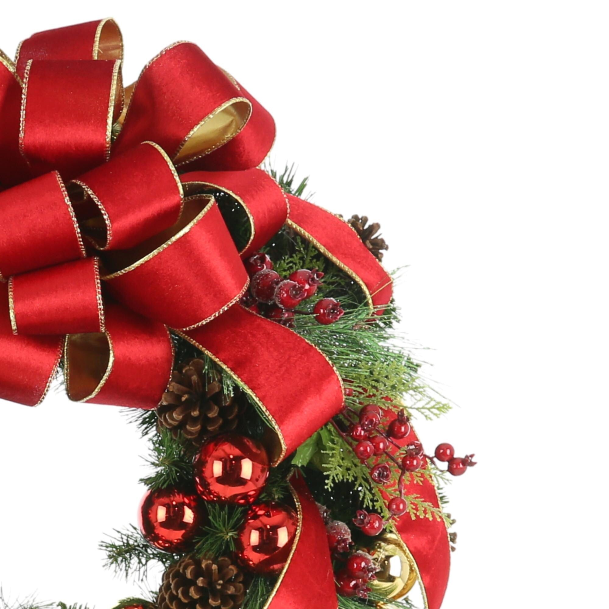 32 in Holiday Wreath with Pinecones, Berries, Ornaments and Ribbon - Red, Gold, Green, Brown - 32Hx32Wx9D