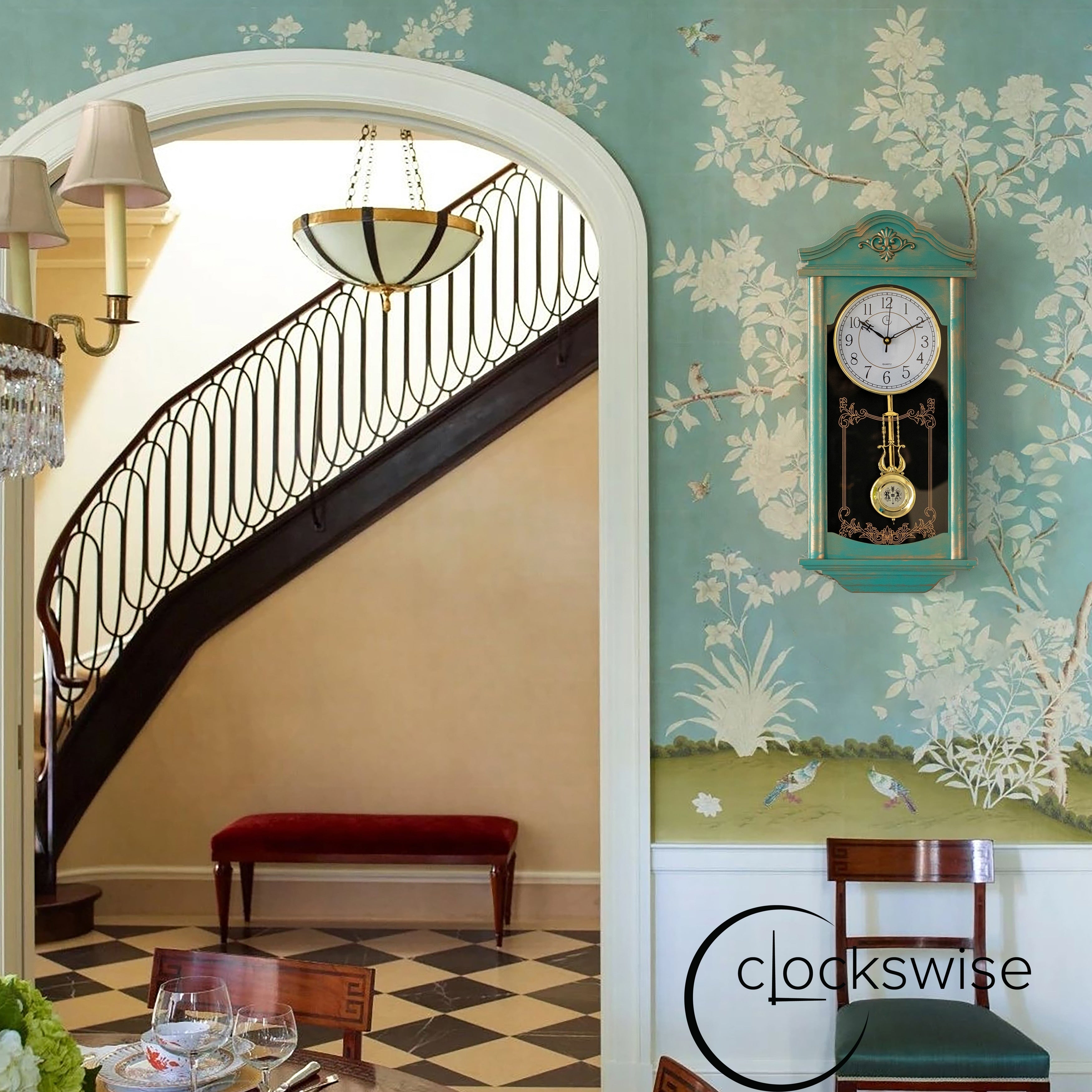 Clockswise Vintage Grandfather Wood-Looking Plastic Pendulum Decorative Battery-Operated Wall Clock Brown, for Home Decor