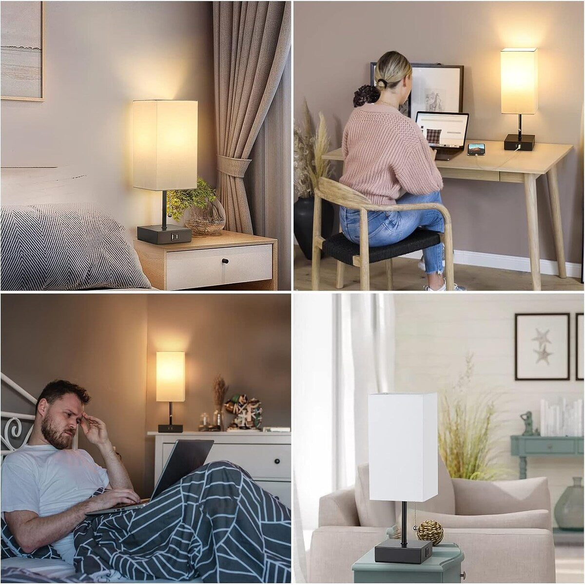 The Bedside Table Lamp, Pull Chain Table Lamp with USB C+A Charging Ports, 2700K LED Bulb, Fabric Linen Lampshade