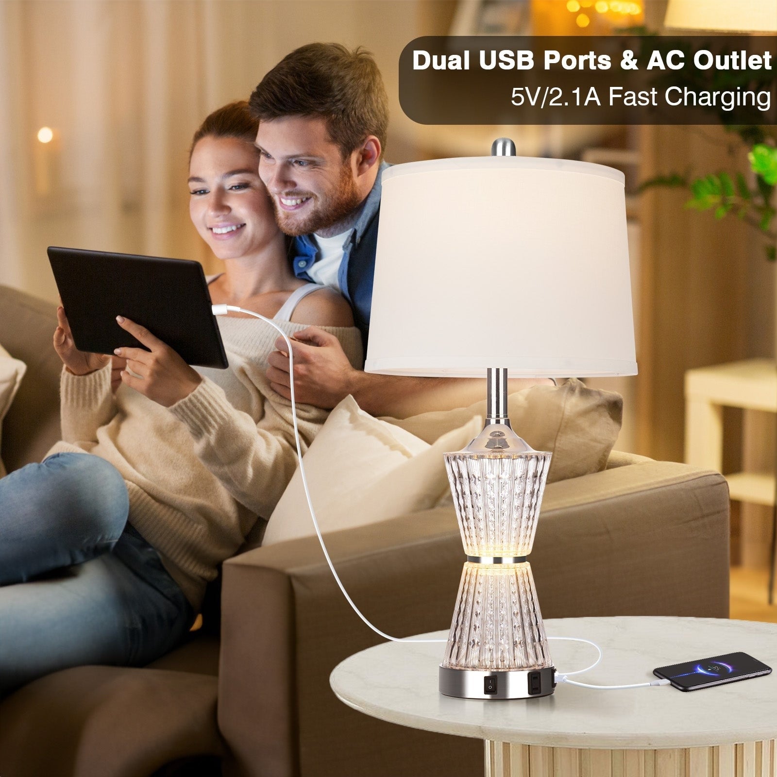 White Acrylic Table Lamp Night light 2in1 with 2 USB Charging Ports 1 AC Outlet Rotary Switch & Rocker Switch (Set of 2)