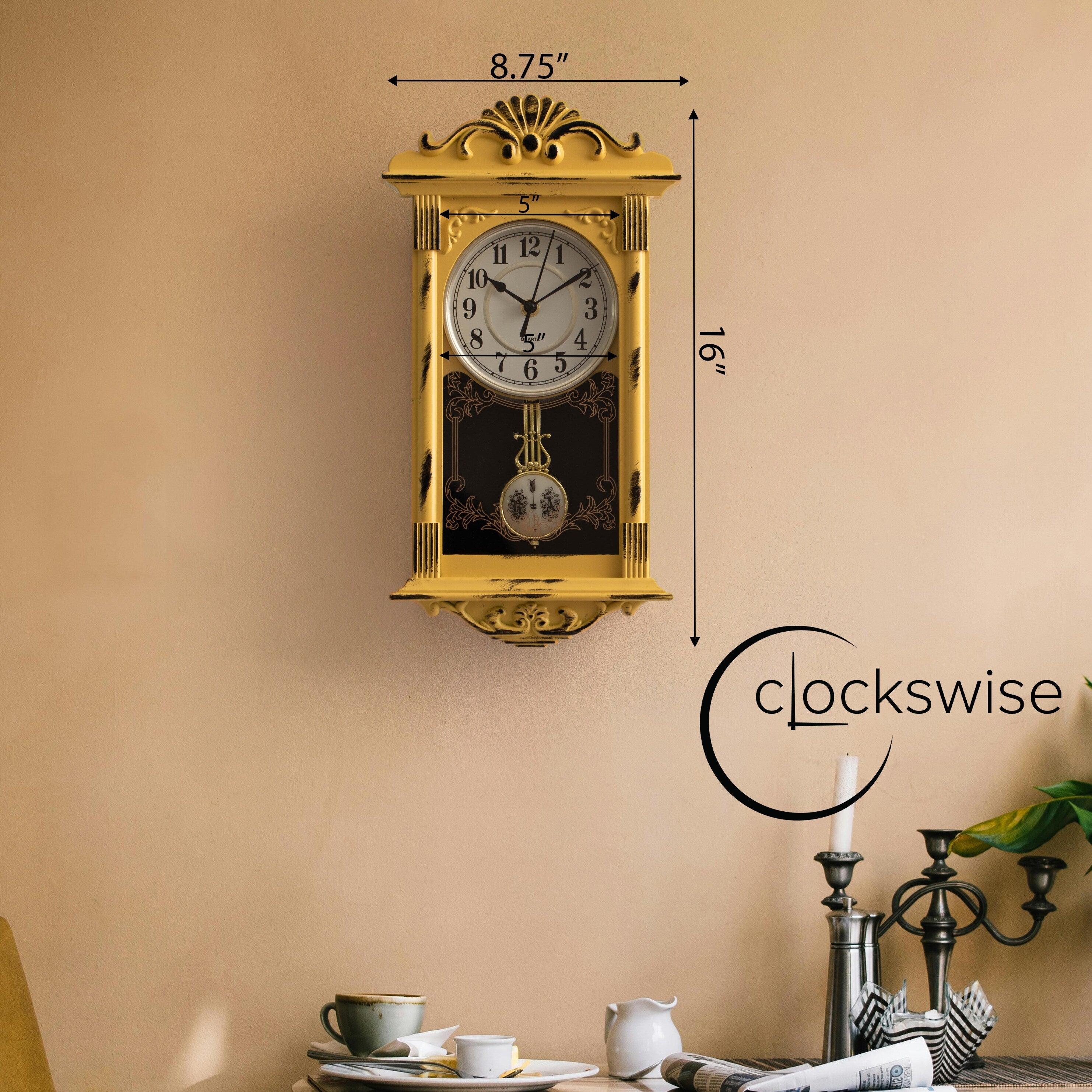 Clockswise Vintage Grandfather Wood-Looking Plastic Pendulum Decorative Battery-Operated Wall Clock Brown, for Home Decor