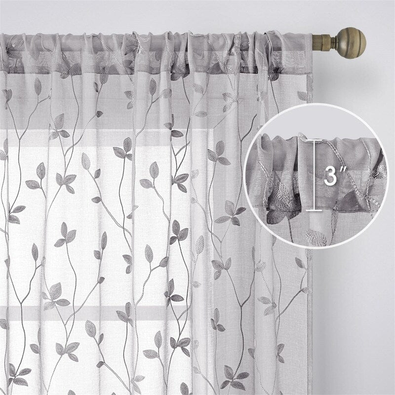 2 Panels Embroidered Leaf Pattern Curtains