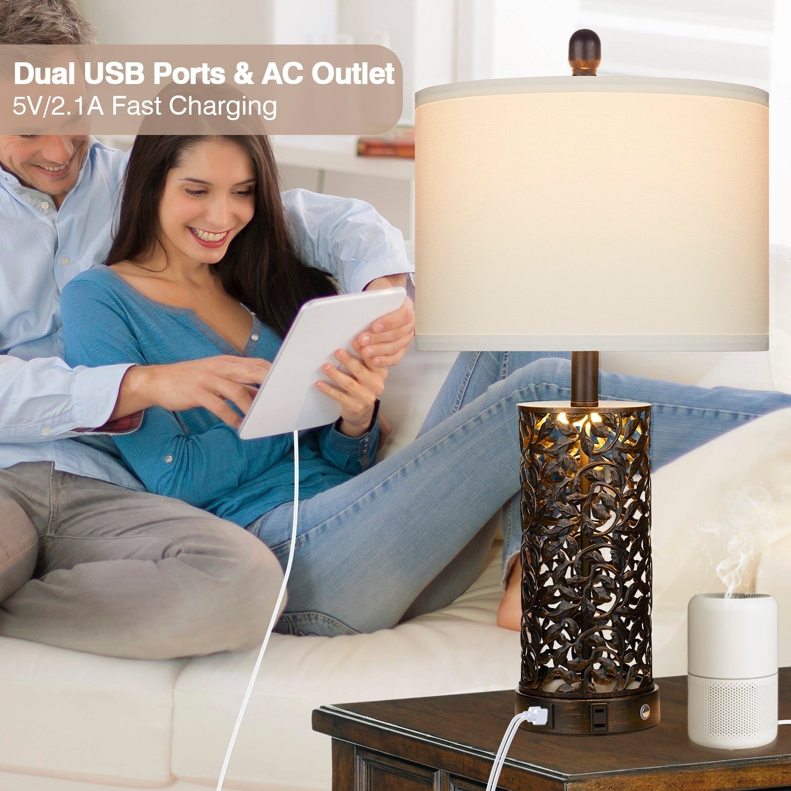 Black with Gold Metal Table Lamps Nightlight 2in1 USB Ports AC Outlet Touch Switch (Set of 2)