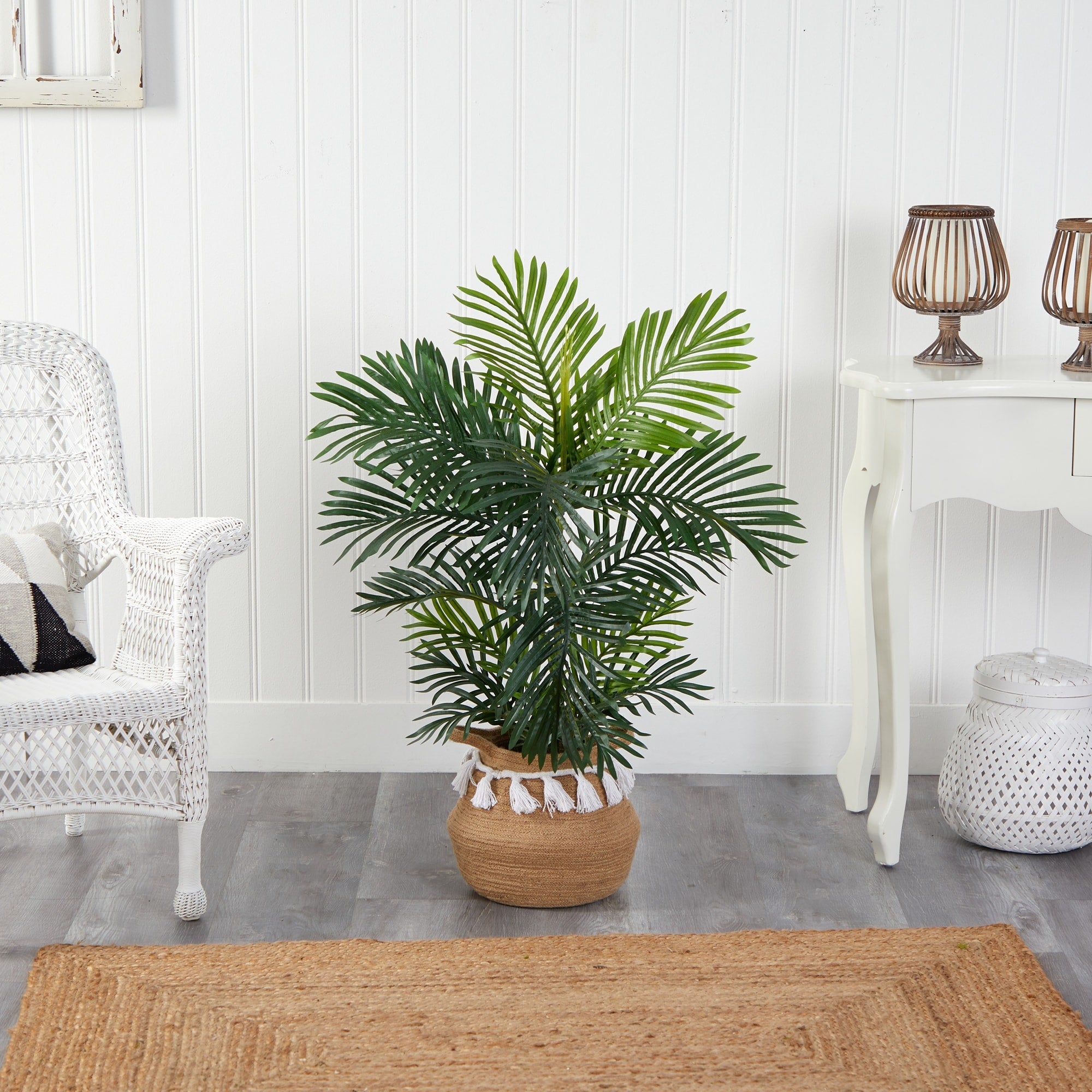 40 Areca Artificial Palm Tree in Boho Chic Handmade Natural Cotton Woven Planter with Tassels UV Resistant (Indoor/Outdoor)