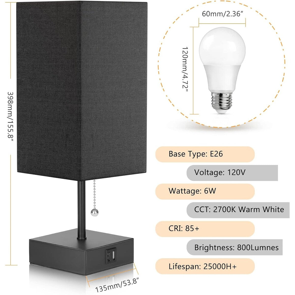 The Bedside Table Lamp, Pull Chain Table Lamp with USB C+A Charging Ports, 2700K LED Bulb, Fabric Linen Lampshade