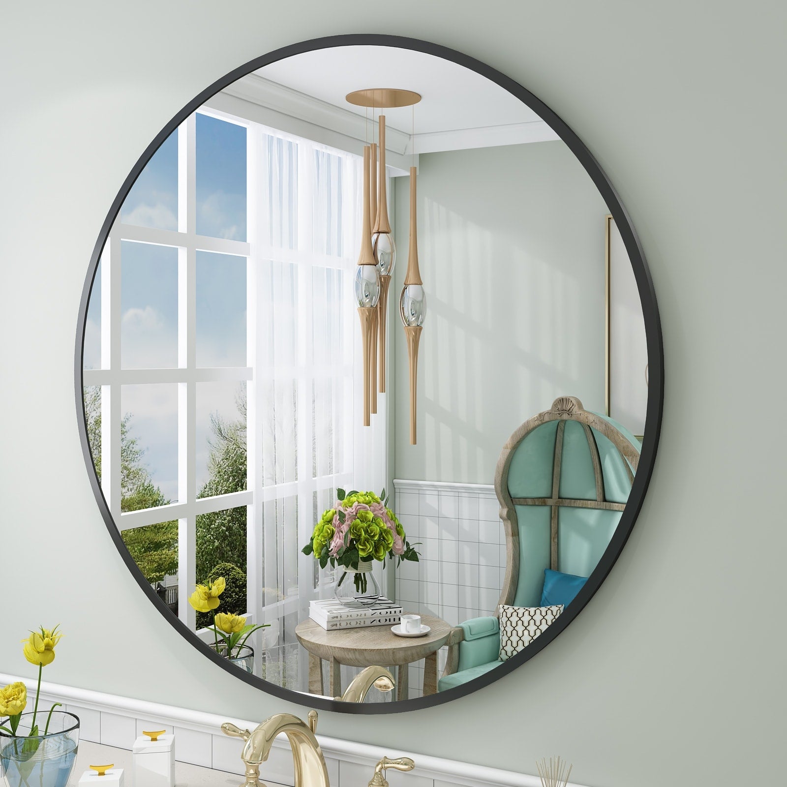 Apmir Round Metal Black Frame Bathroom Vanity Mirror Wall-mounted mirror