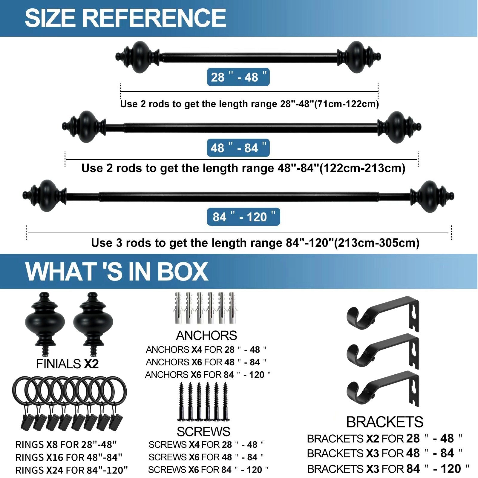 Modern Window Drapery Curtain Rod Set with 8 to 24 Rings