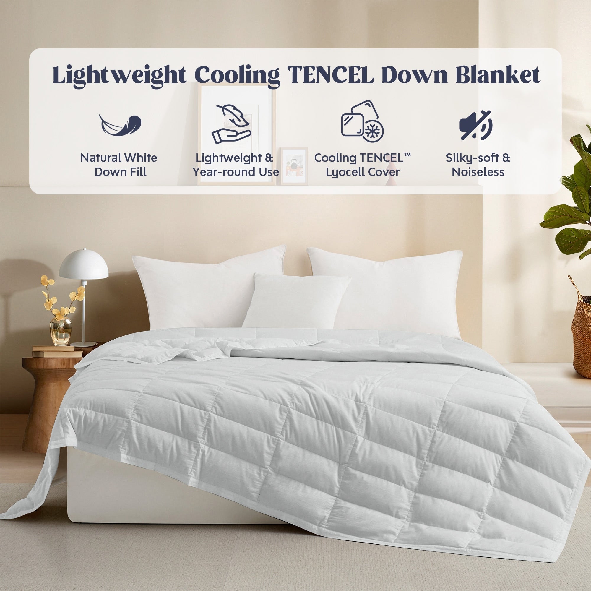 Luxurious White Down Blanket with Satin Trim, Tencel Comforter for All-Season