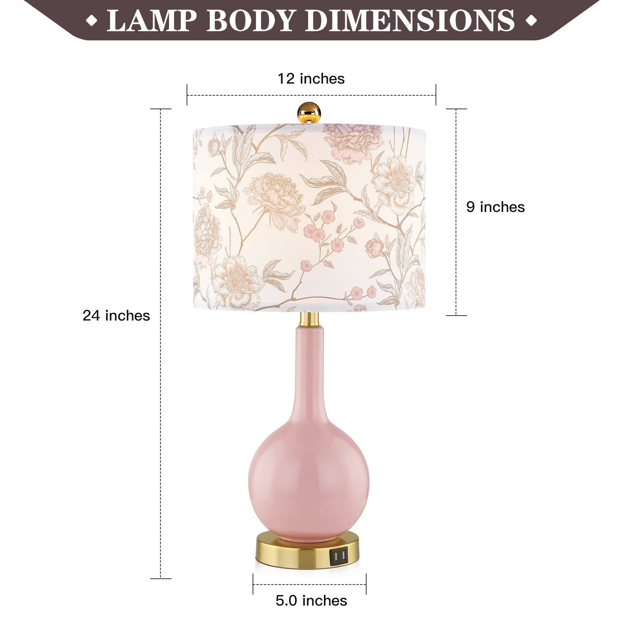 Pink Ceramic Table Lamp with 3-Way Touch Dimming Switch & Dual USB Charging Ports & - 12'' x 12'' x 24'' (L x W x H)