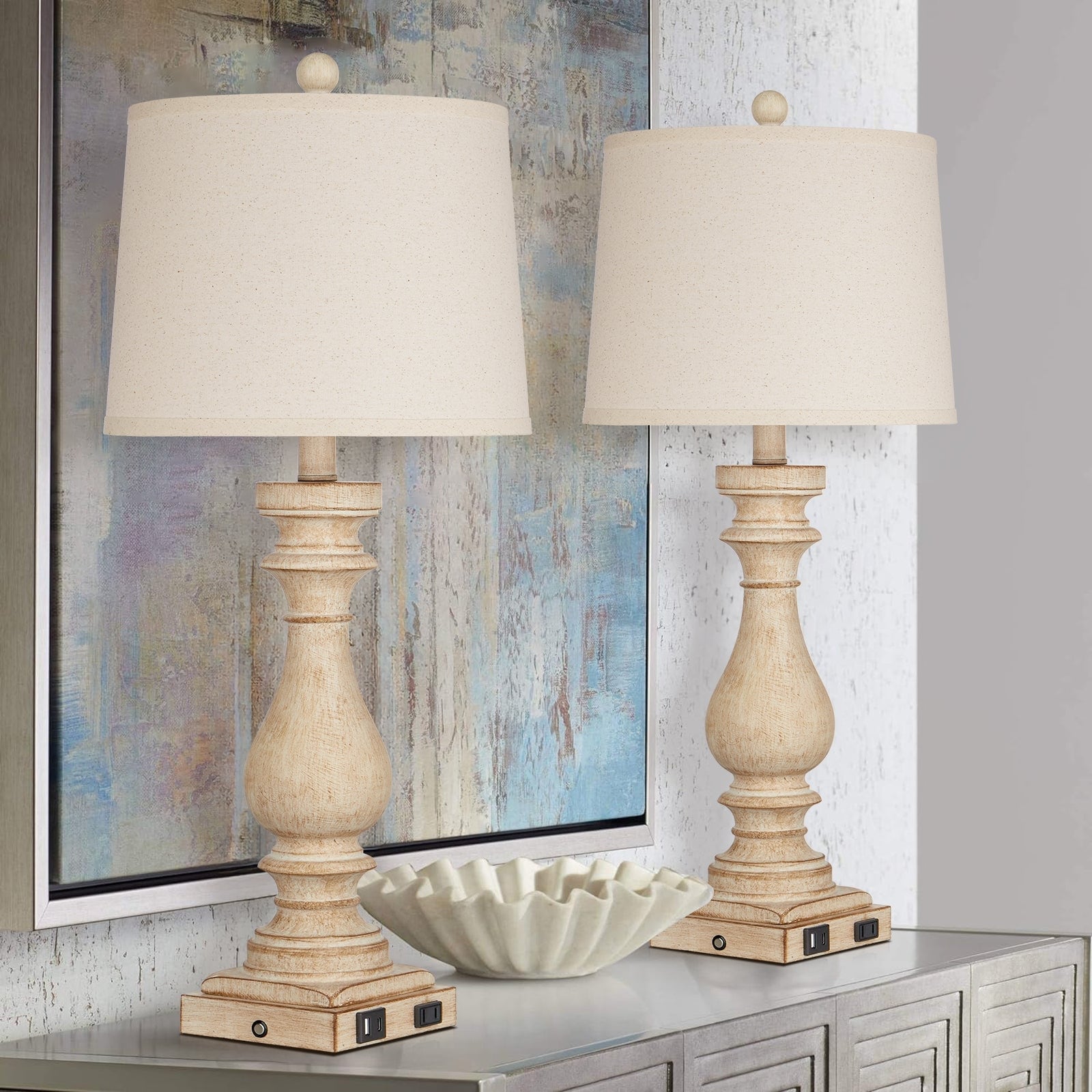 Table Lamps Resin White Vintage Oblique Shade USB Type-C Charging Ports(Set of 2) - 12.5'' x 12.5'' x 29'' (L x W x H)