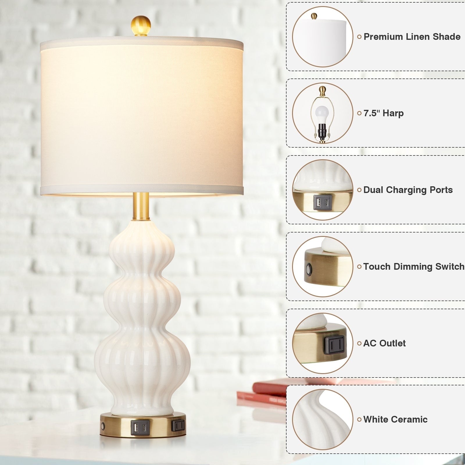 Table Lamp White Ceramic Cucurbit Style 3-Way Touch Dimming Switch USB Type C Charging Ports AC Outlet(Set of 2)