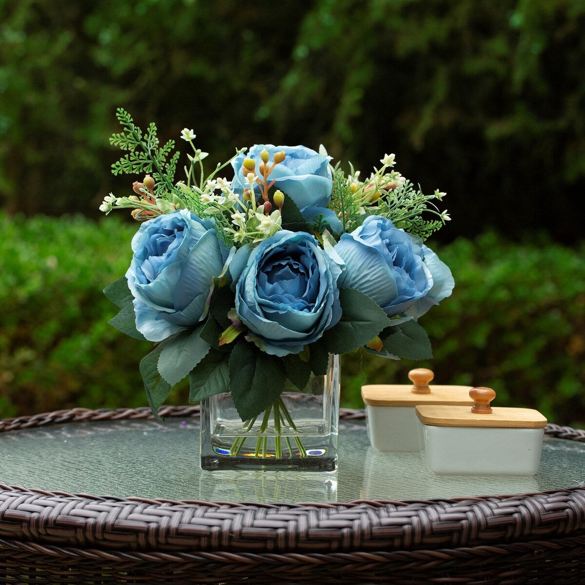 Mixed Peony Artificial Flowers in Vase with Faux Water, Silk Flower Arrangements in Vase for Home Decor, Wedding Table