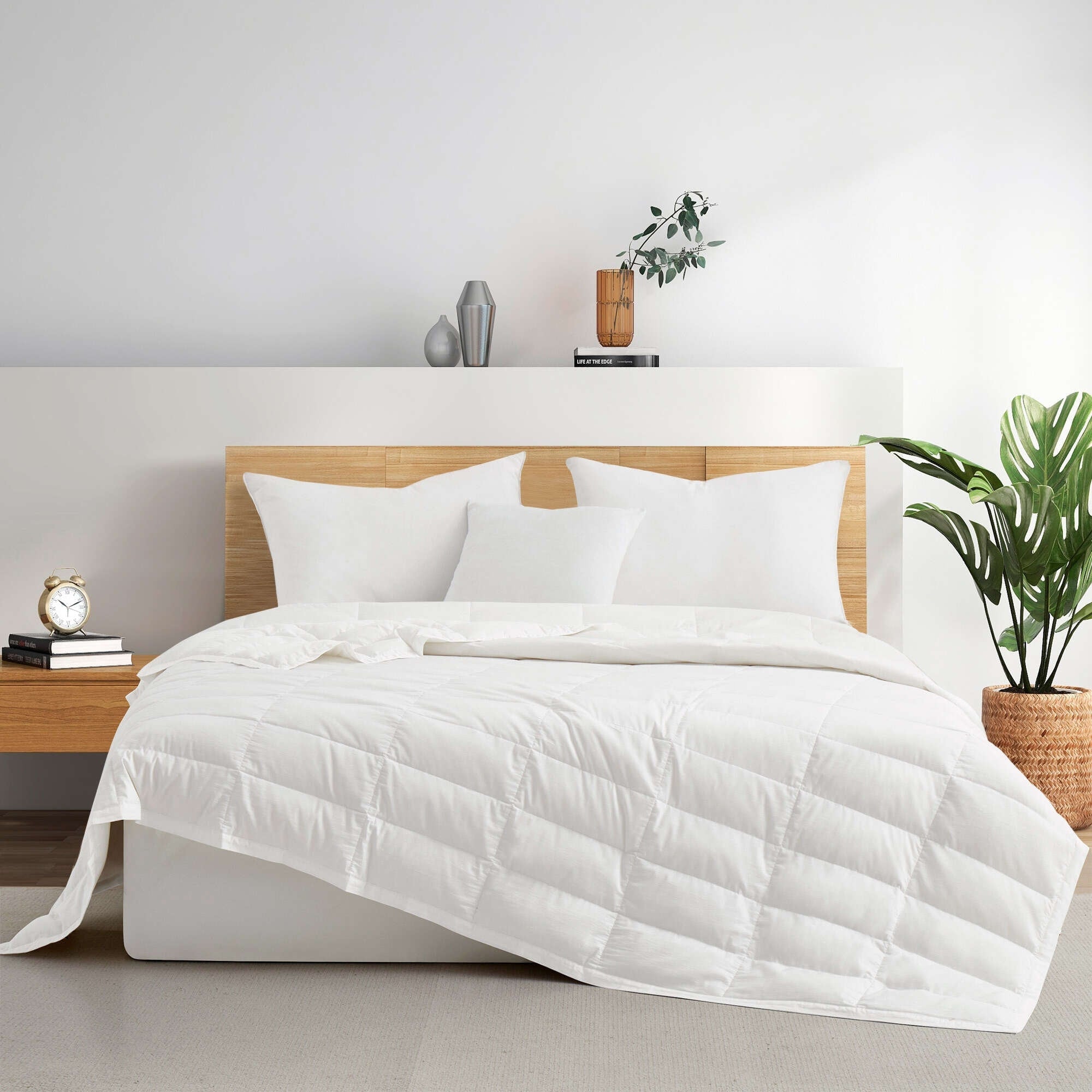 Luxurious White Down Blanket with Satin Trim, Tencel Comforter for All-Season