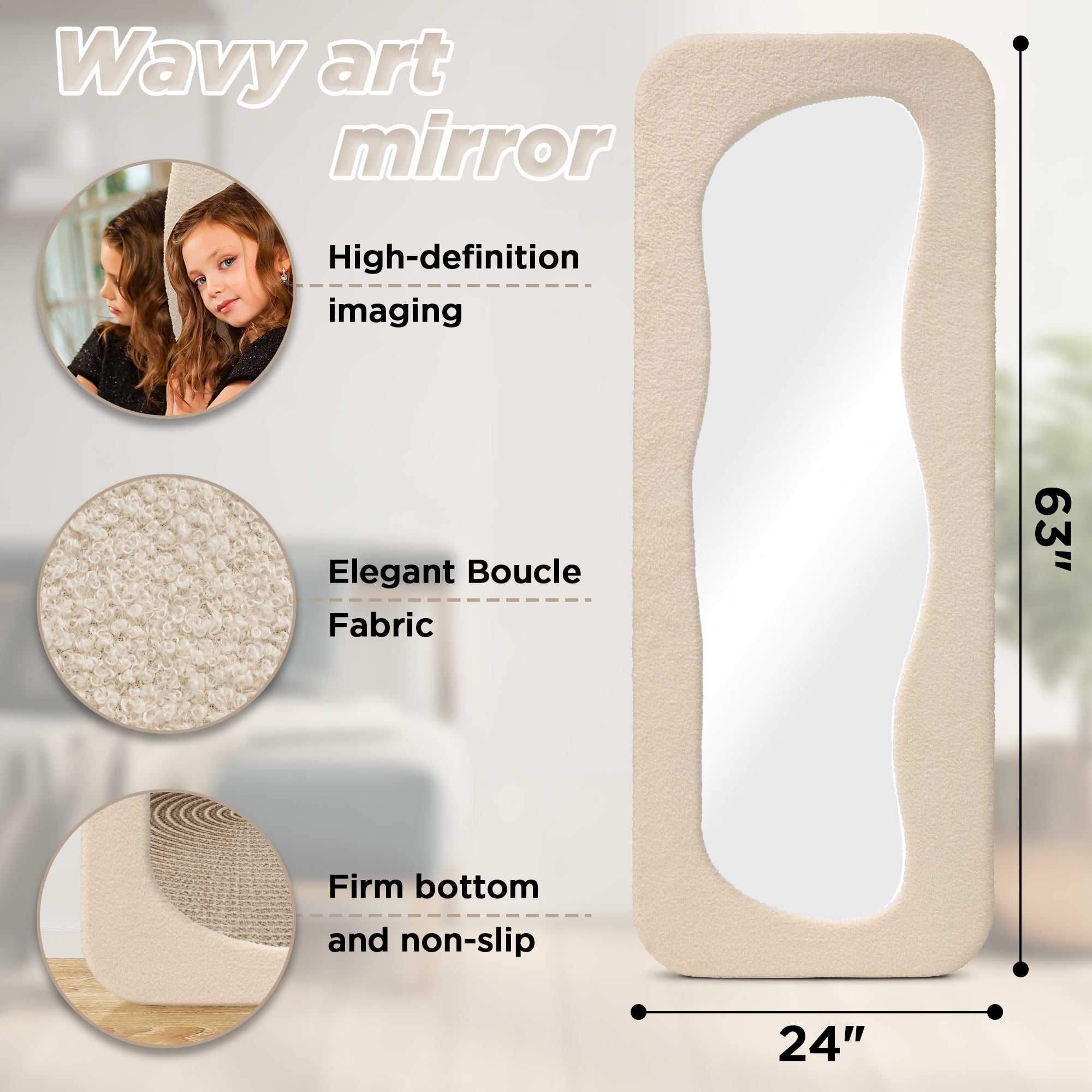 Irregular Full Length Floor Mirror Sherpa Wrapped Wood Framed - 63x24