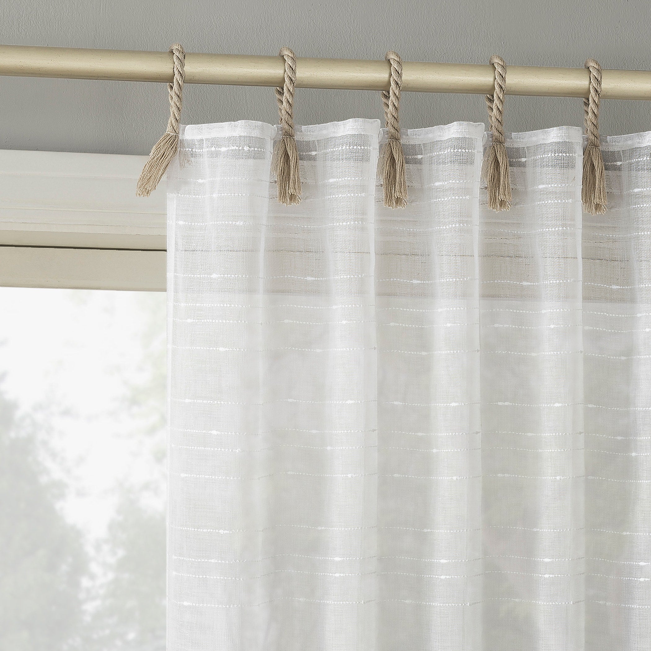 No. 918 Noemi Slub Stripe Rope Tab Semi-Sheer Tie Top Curtain Panel, Single Panel