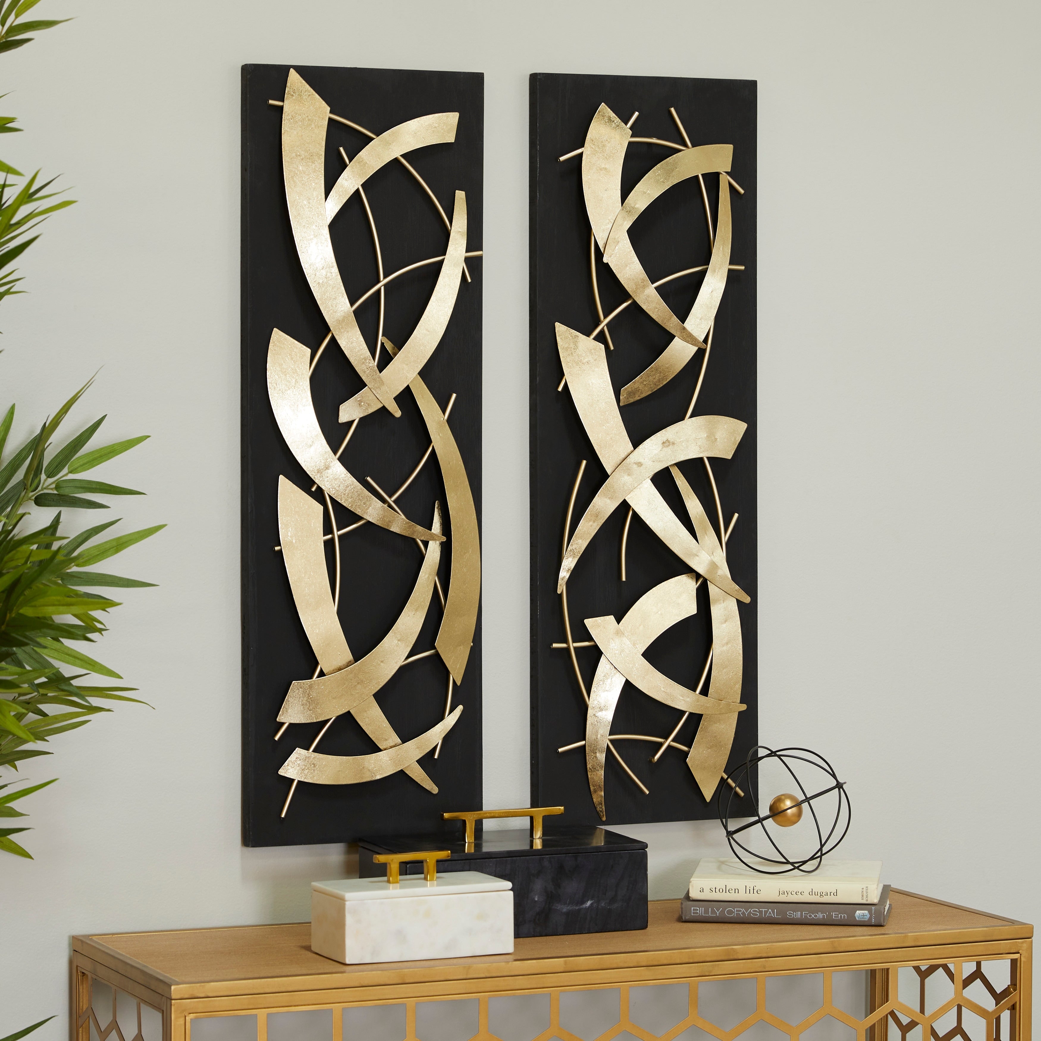 Metal Abstract Dimensional Wall Decor with Black or White Wood Backing - Set of 2 Gold - Roche River Decor