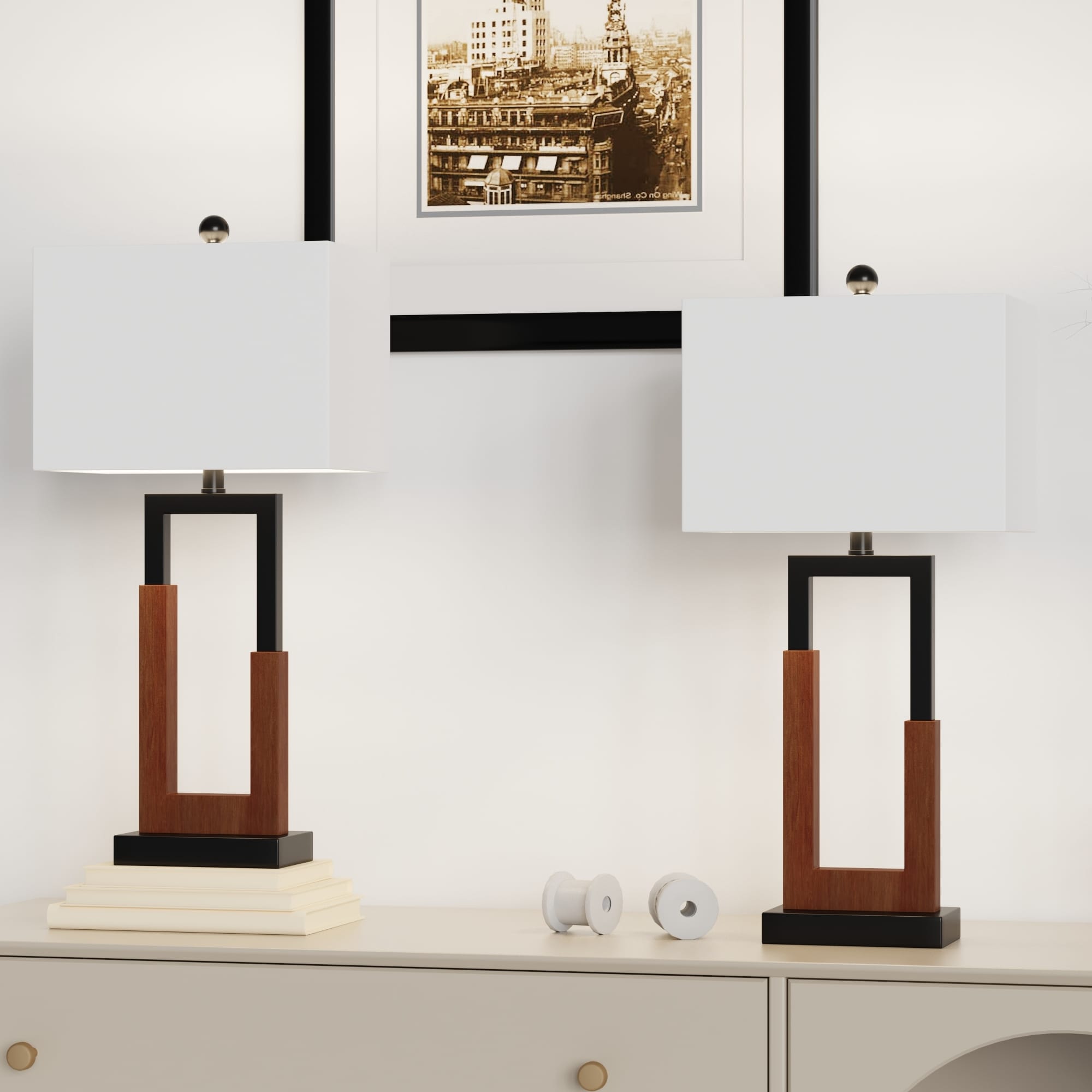 30 Wood/Black Table Lamp Set With USB (Set of 2)