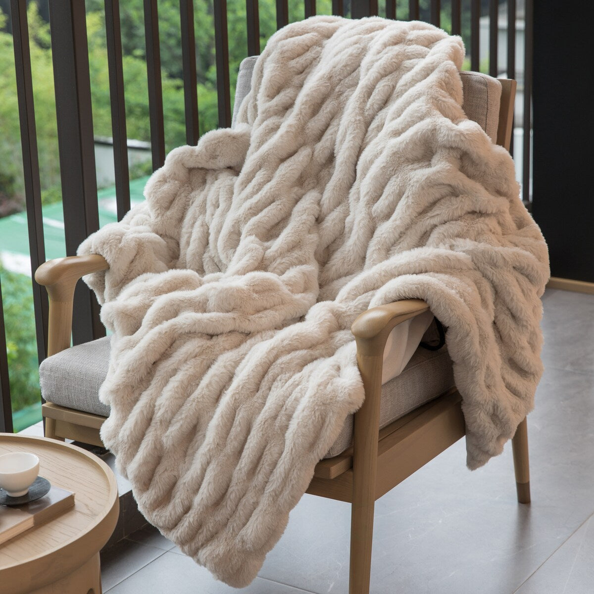 Luxurious 50 in. x 60 in. Rached Faux Fur Cozy Throw Blanket - Decorative Plush Blanket for Sofa and Bed, Soft and Comfortable