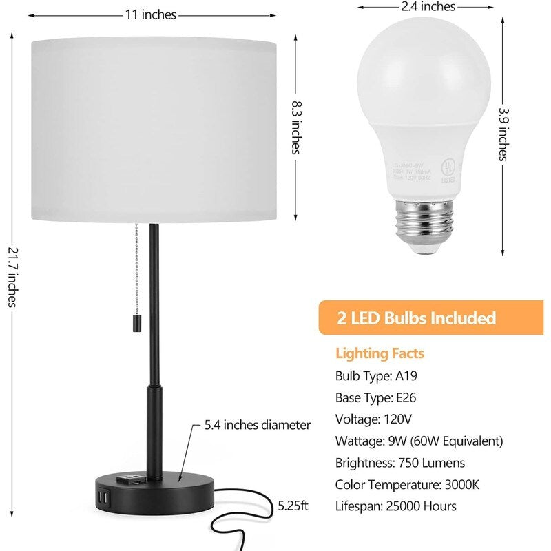 21.7 Table Lamp (Set of 2) with USB Charging Port, Nightstand Lights - 11D x 11W x 21.7H