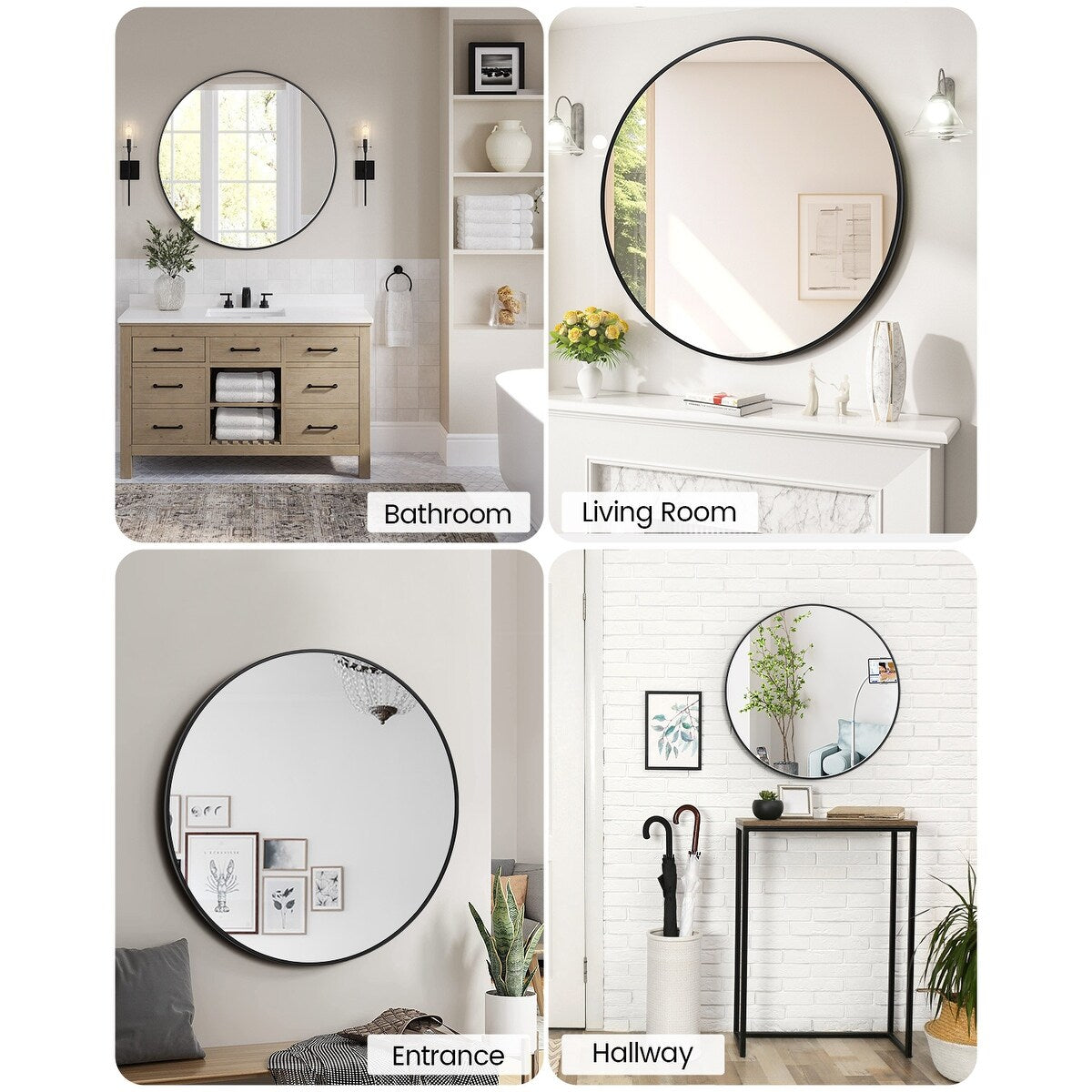 Round Mirror with Black Metal Frame for Entryway Bathroom Living Room