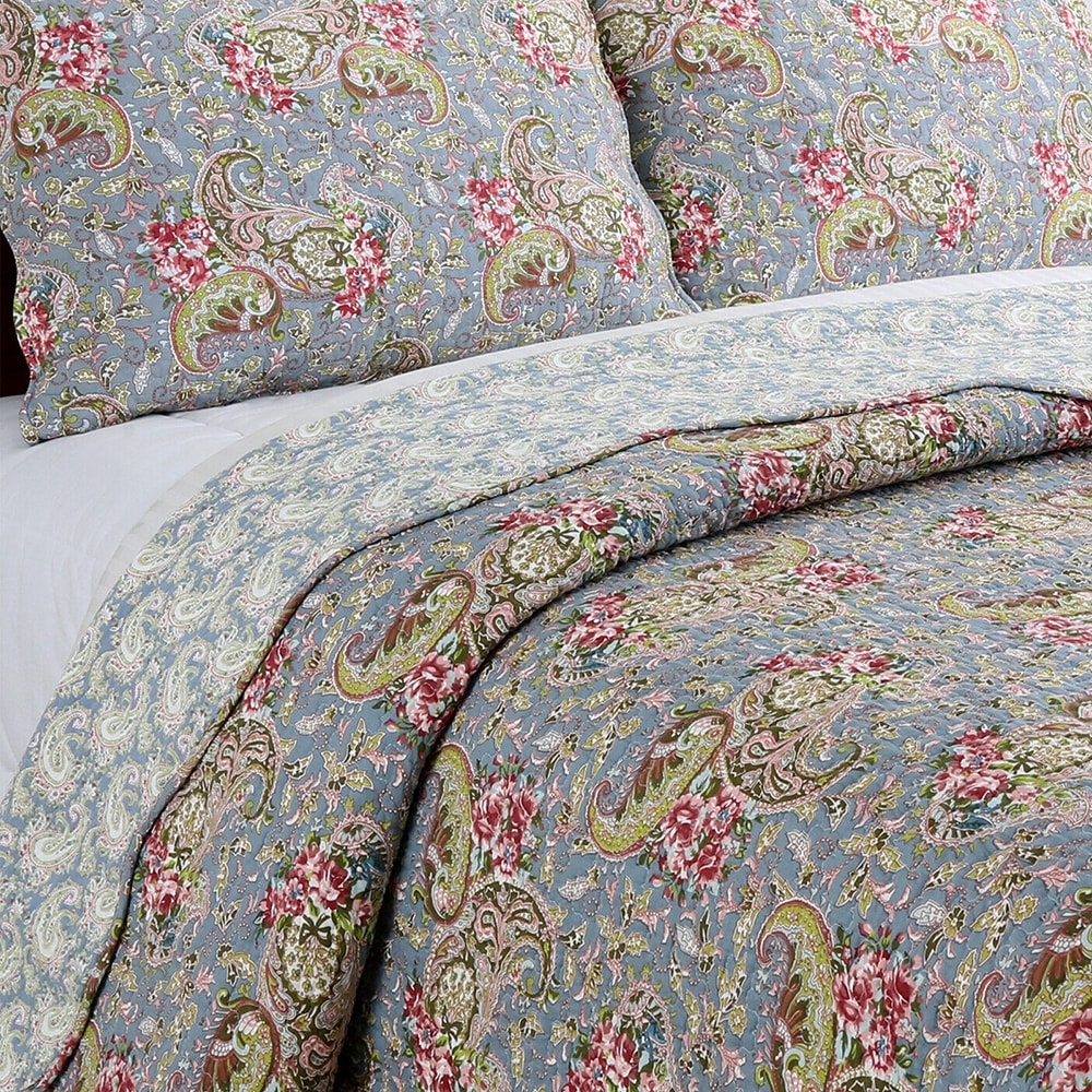 3pc Full/Queen Floral Paisley Reversible Cotton Quilt Set Dark Blue