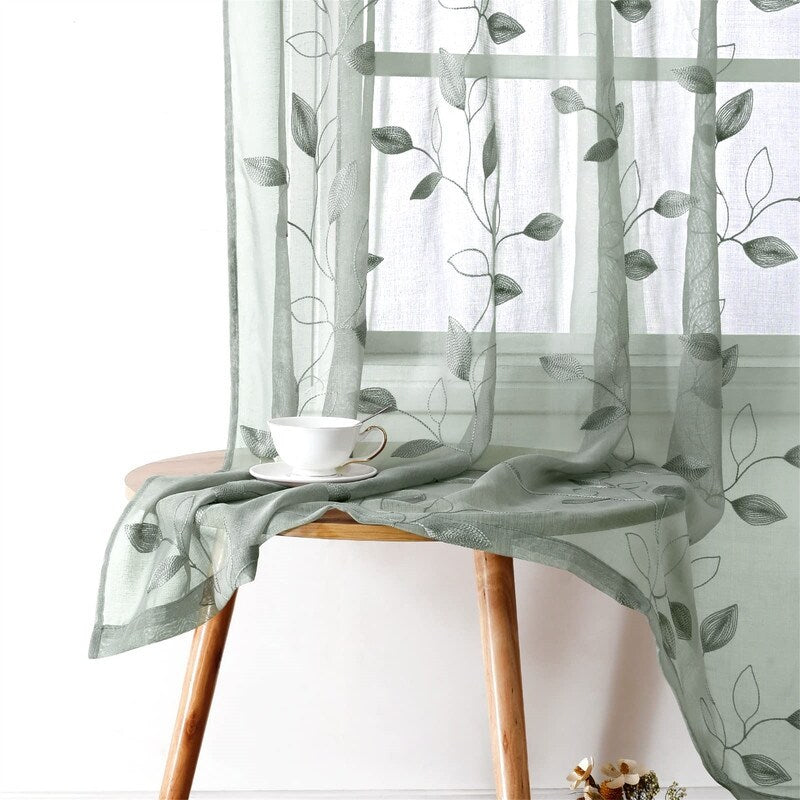 2 Panels Embroidered Leaf Pattern Curtains