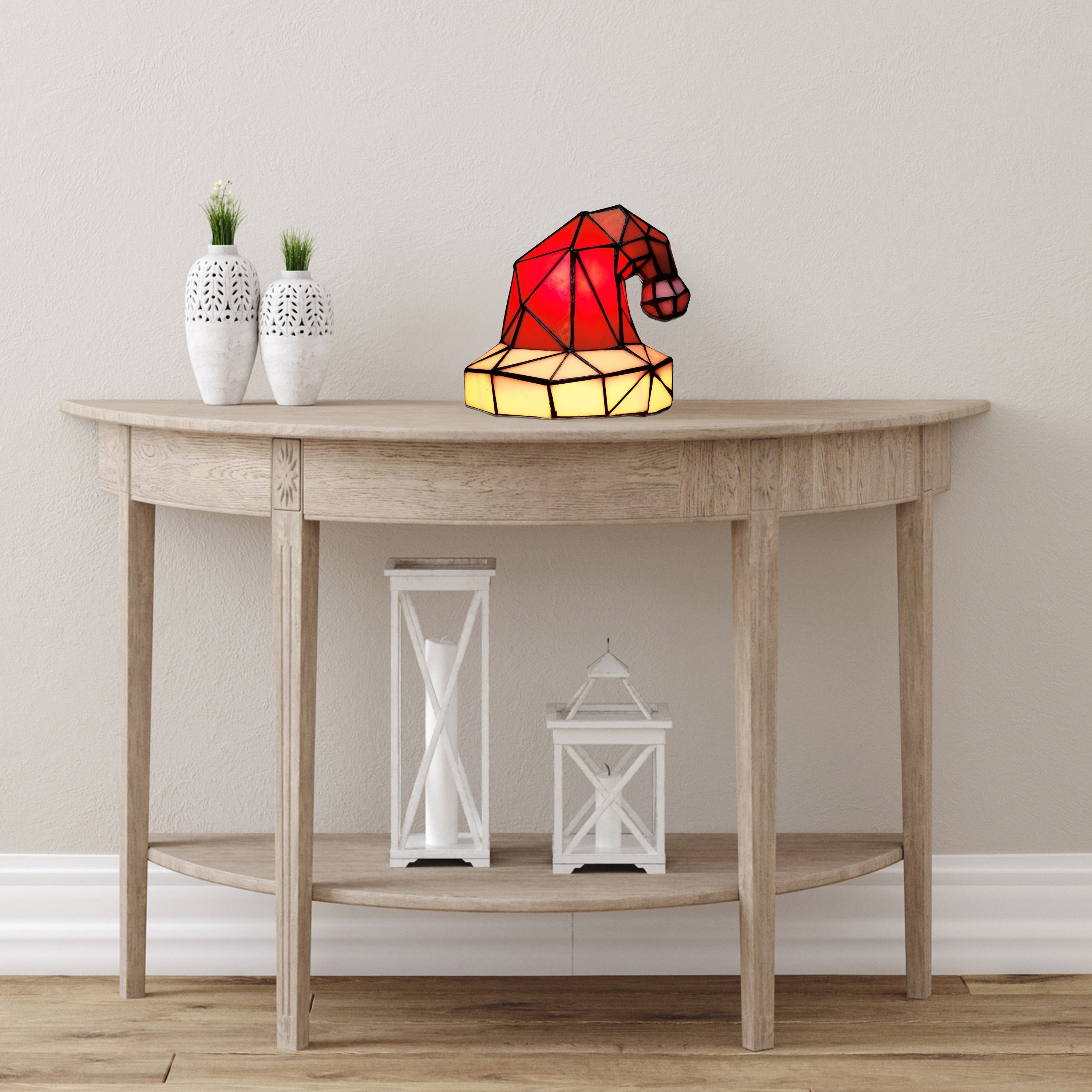 Santa Hat River of Goods Red and White Stained Glass Novelty Lamp - 8 x 8 x 7.75