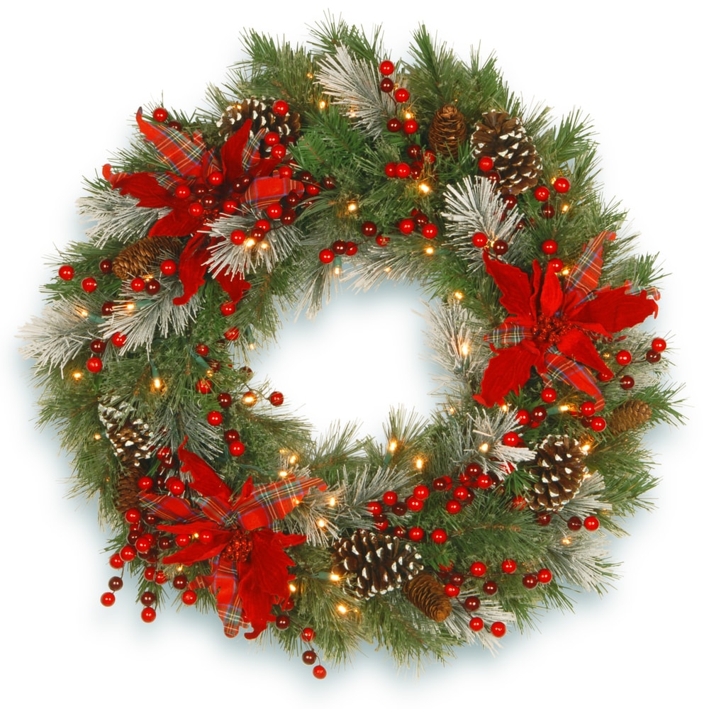 National Tree Company 30 in. Decorative Collection Tartan Plaid Wreath with Battery Operated Warm White LED Lights - 30 in