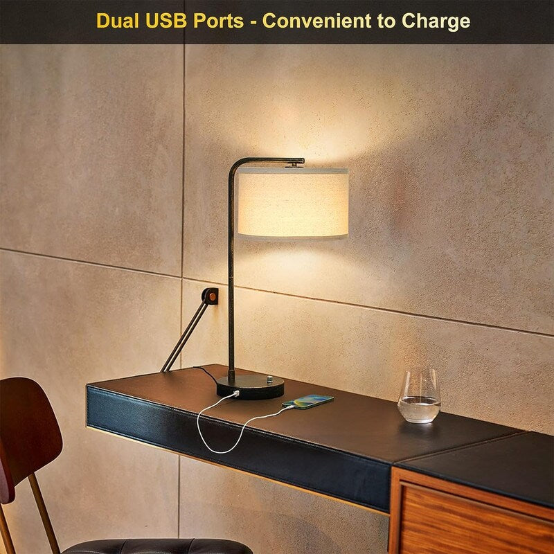 Dual USB port side table lamp, dimmable bedside lamp, desktop reading light - 13.98D x 13.98W x 25H