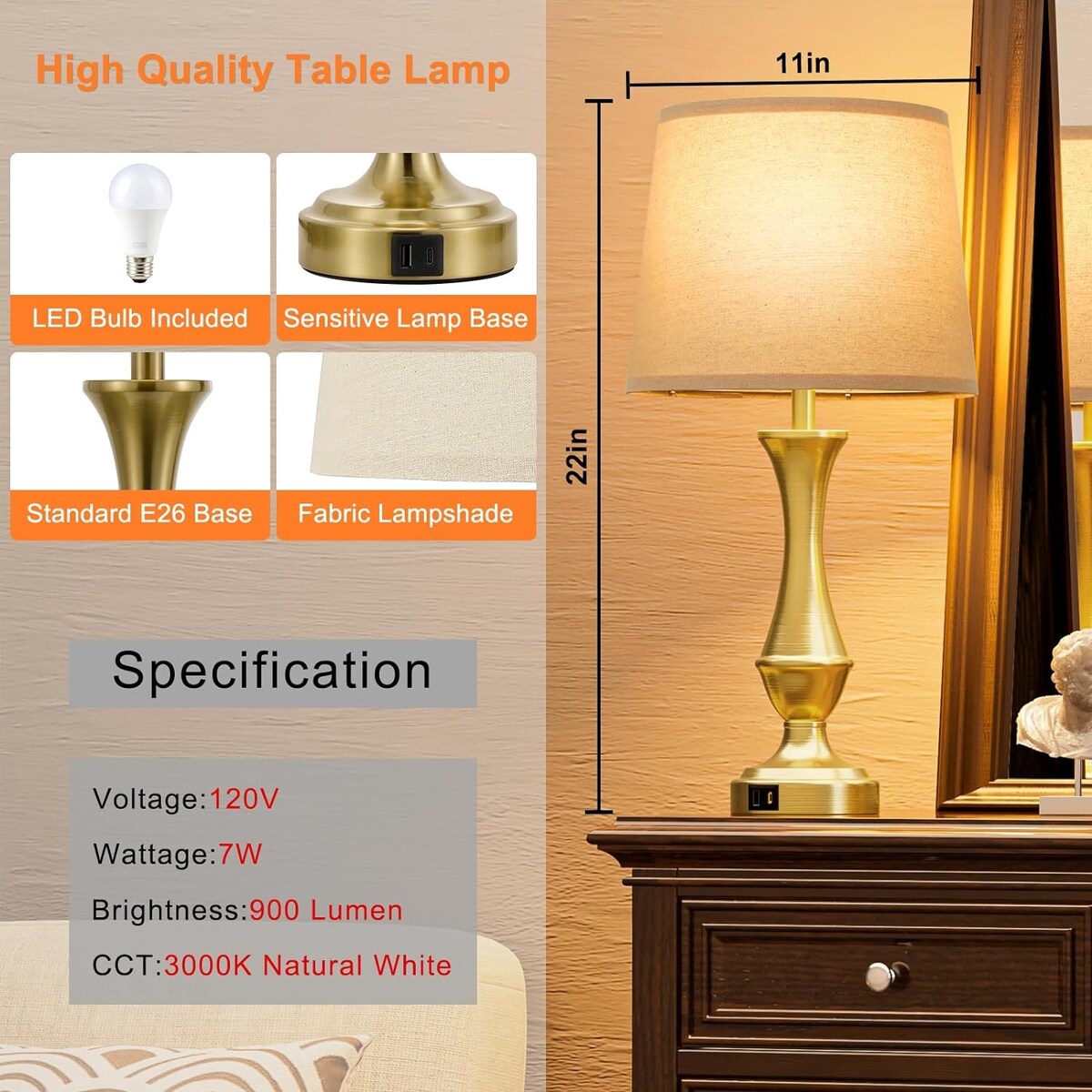 Touch Lamps Set of 2 - Nightstand Table Lamp with USB C+A, 3 Way Dimmable