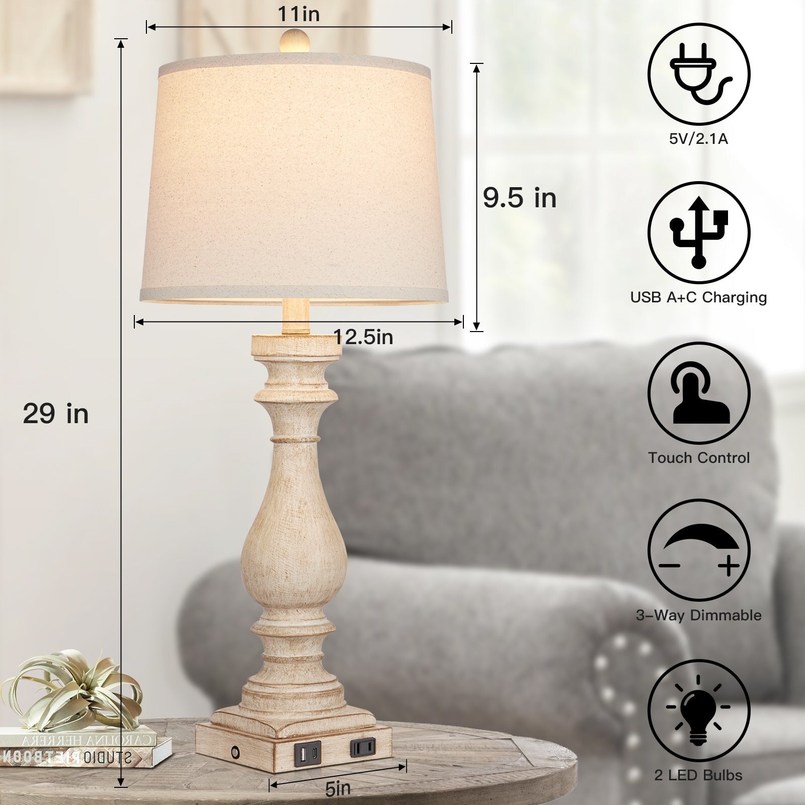 Table Lamps Resin White Vintage Oblique Shade USB Type-C Charging Ports(Set of 2) - 12.5'' x 12.5'' x 29'' (L x W x H)